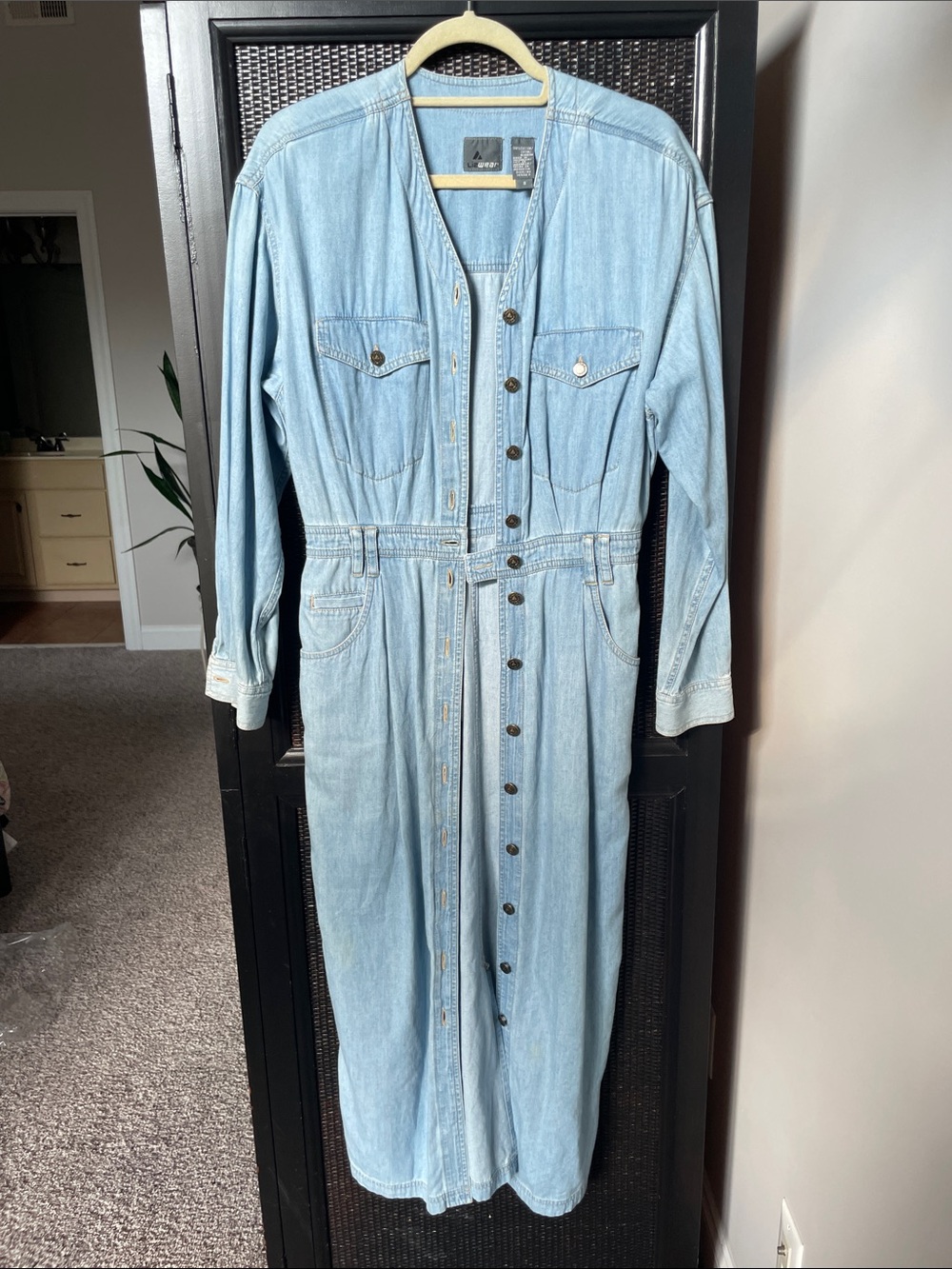 Light Blue Denim Maxi Shirt Dress with Button-Front Waist